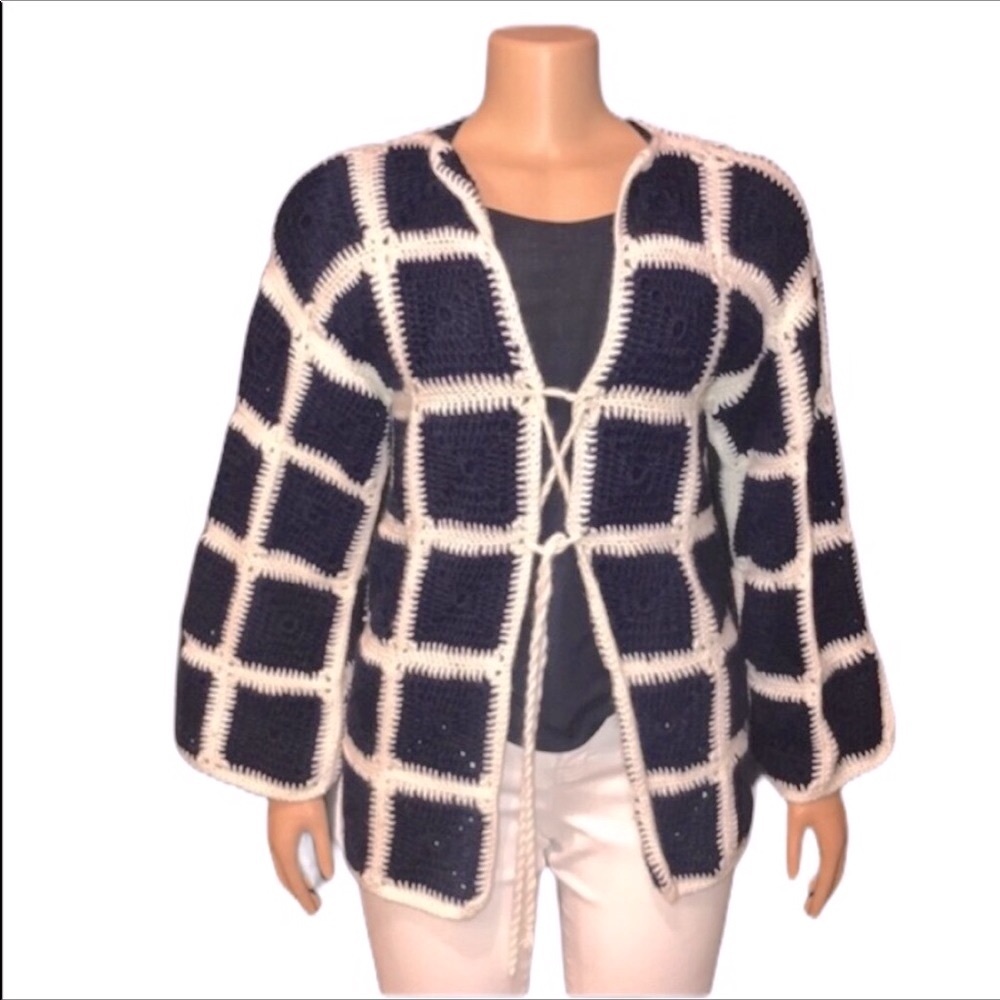 Vintage Granny Square Cardigan Sweater Crochet  Tie Closure Navy -White size XS